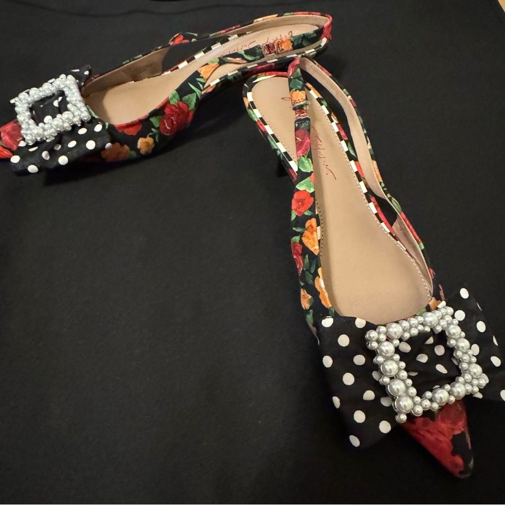 Betsey Johnson 9.5 M “Birdy” Floral and Polka Dot Slingback Kitten Heels NEW! - Picture 2 of 7